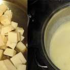 Нарезать сыр кубиками,положить в кастрюлю с толстым дном,залить вином и варить соус на водяной бане до кремообразного состояния.Добавить мускатный орех и свежемолотый чёрный перец.