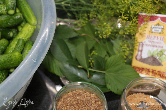 На дно стерилизованных банок уложить листья вишни, смородины (по 2 листочка), веточку укропа с зонтиком и специи для консервирования по маленькой горсточке. У меня были: перец черный горошком, кориандр и горчица.