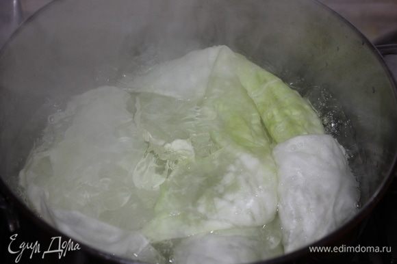 Тем временем, отделить 5 крупных листьев от качена капусты, промыть, опустить в кастрюлю с кипящей водой. Варить 2-3 минуты до мягкости (время регулируйте, в зависимости от толщины листа и возраста капусты). По готовности, вынуть листья с помощью шумовки, откинуть на дуршлаг, не много остудить.