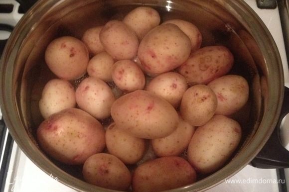 Картофель хорошо промыть, залить водой, посолить, добавить лавровый лист и поставить на огонь вариться до готовности.